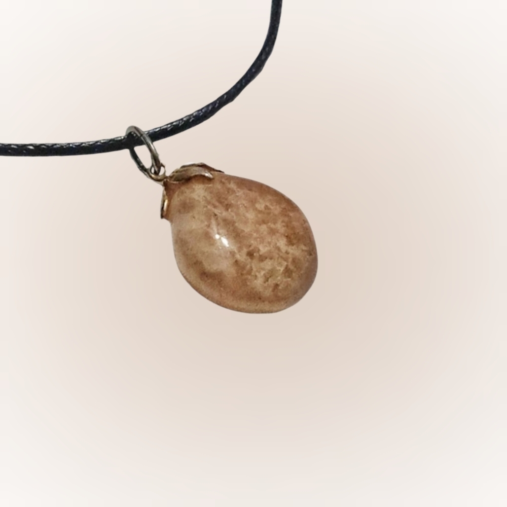 Natural Brown Stone Teardrop Pendant Necklace on Black Cord | Minimalist